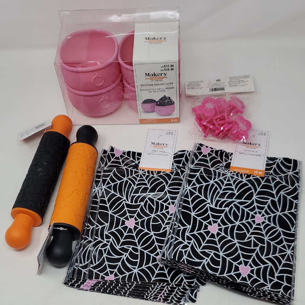 Pink Silicone Baking Cups Rolling Pins. Treat Bags, Cupcake Rings BUNDLE